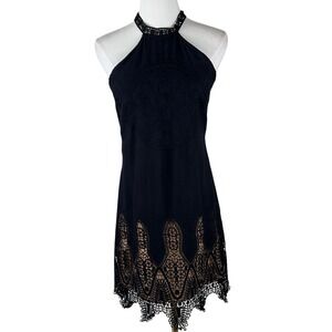 Bronte Halter Dress‎ Women M Black Embroidered Crochet Lace Hem High Neck Goth